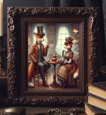 Steampunk Red Foxes Female & Male Drinking Coffee Tea Vintage Art Painting • $7.99