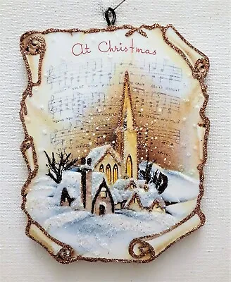 SNOWY CHURCH SHEET MUSIC PAGE SILENT NIGHT * Glitter CHRISTMAS ORNAMENT * Vtg • $10.50