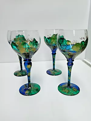Handblown Goblet Wine Glass Romania Multicolored Accents Barware Art Gold • $87.92