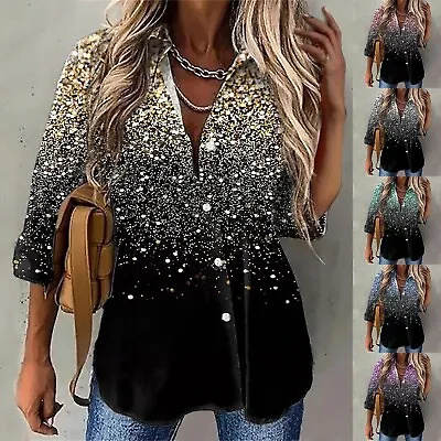 Womens Sequin Print Tops V Neck Sparkly Glitter Blouses Loose Long Sleeve • $19.61
