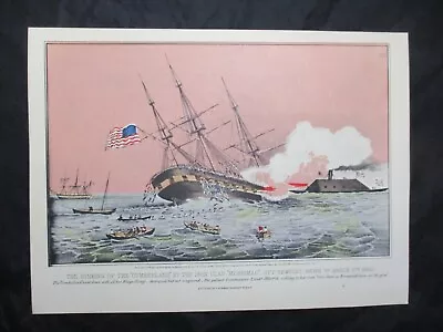 1960 Currier & Ives Civil War Print - Ironclad CSS Virginia Sinks USS Cumberland • $10