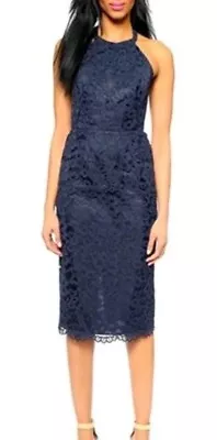 Shoshanna Size 2 Midnight Uma Navy Lace Midi Halter Cocktail Dress • $19.95