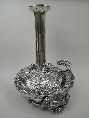 Antique Vase Large Meiji Centerpiece Dragon Waves Japanese Silver • $15750
