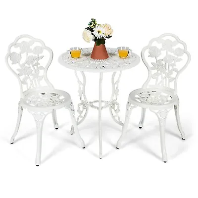3Pcs Garden Bistro Dining Table Chairs Set Cast Aluminum Rose Design Furniture • £117.95