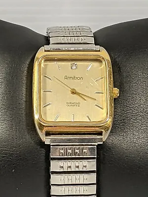 Vintage Armitron Diamond Quartz Gold Tone Square Face Stainless Steel Band Watch • $34.99