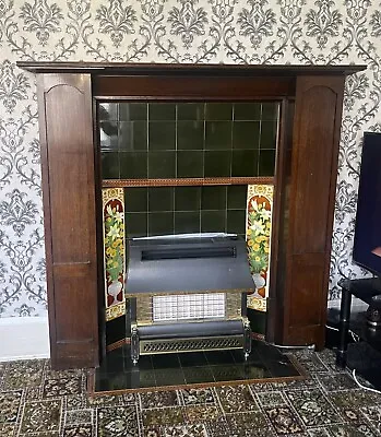 Antique Wooden Fireplace Surround With Overmantel Mirror And Gas Fire • £350