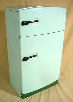 Vintage Wolverine 18  Pressed Metal Mid Century Mint Green Toy Refrigerator USA • $89.95