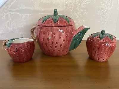 Vintage Ceramic Strawberry Teapot Set With Matching Sugar Bowl And Creamer • $39