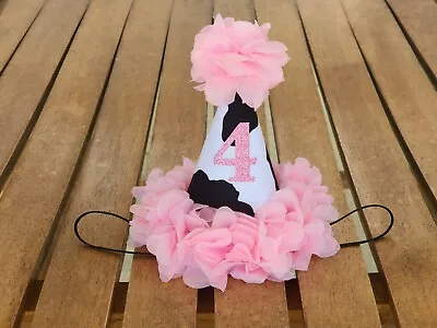 COWGIRL 1st Birthday Party Hat ~ Pink & Cow Print ~ Barn Yard Birthday ~ Farm • £18.29