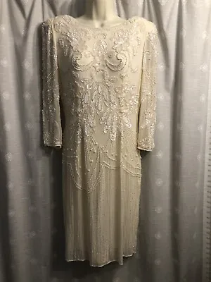Vintage 80’s Beaded Wedding Dress Off White/Cream Knee Length • $154.18