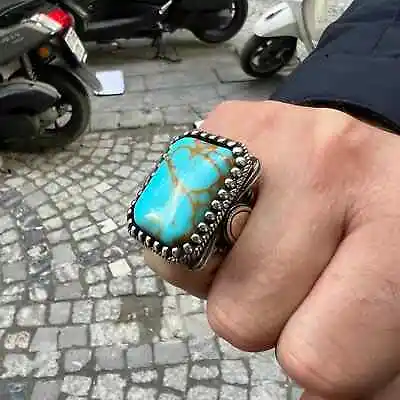 Men Silver Turquoise Stone Ring  Silver Large Square Ring  Ottoman Style • $135