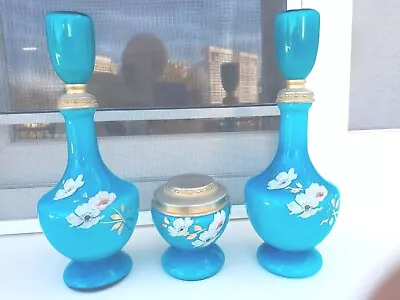 Art Deco French Dressing Table Set Blue Glass Hand Painted • £38