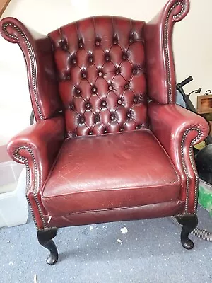 Chesterfield High Back Wing Chair Presented  In Vintage Red Leather • £200