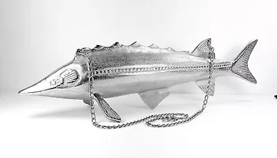 Metal Deep Sea Fish Nautical Hanging Silver Cast Aluminum Home Decor 22 X6  C574 • £18.28