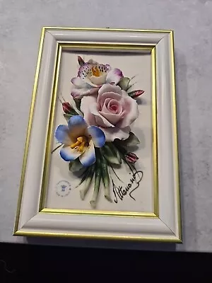 Capodimonte Italian Plaque Porcelain Flower White Gold Frame Hand Painted Art 3D • £45