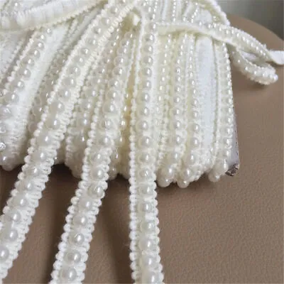 4 Yds Pearl Lace Edge Trim Wedding Ribbon Beaded Applique DIY Sewing 12mm Width • £9