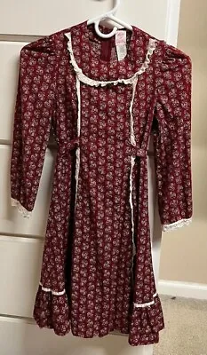 Vintage RUTH OF CAROLINA Burgandy Red Floral Prarie Dress Girls Size 10 • $14.95