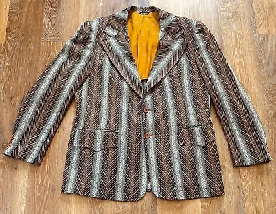 Mens Vtg 70s Woven Chevron Striped Retro Wide Lapel Poly Fitted Blazer Jacket • $27