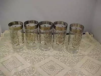 Beverage Glasses 5 Total  Retro Silver Rim And Imprint Coat Of Arms Vintage Used • $20.07