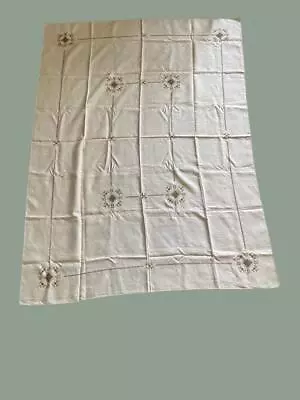 Antique White Linen Italian Primula Insert Tablecloth 52  X 69  Superb! • $27.99