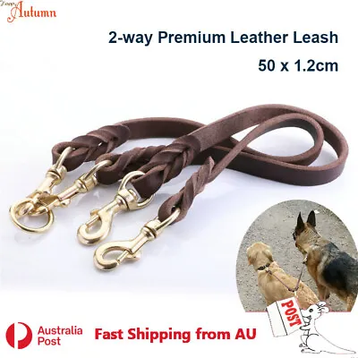 $33.99 • Buy 2 Way Premium Genuine Leather Dog Leash Lead Pet Double Heavy Duty 50x1.2cm