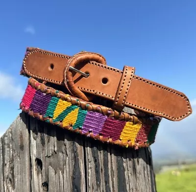 Colorful Leather Knit Tribal Southwestern Western Belt Vintage  Unisex • $23.99