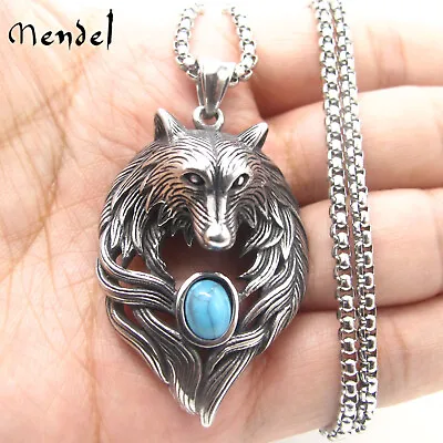 MENDEL Mens Stainless Steel Turquoise Wolf Head Pendant Necklace For Men Women • $11.99