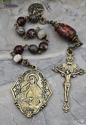 Sacred Heart Of Jesus Sacraments Mother Mary Red Agate Vintage Bronze Chaplet • $96