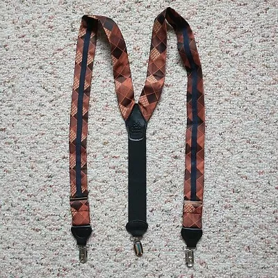 Uomo Venetto Y Back Suspenders Men Black Brown Geometric Fabric Silver Clips • $10.59