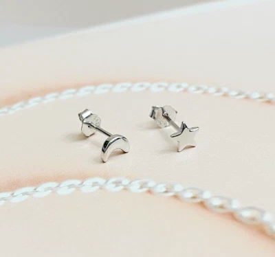 $8.98 • Buy S925 Sterling Silver High Polished Tiny Star Moon Stud Earrings