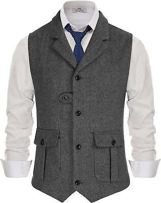 PJ PAUL JONES Mens Western Herringbone Suit Vest Tweed Wool Blend Slim Fit Waist • $89.49