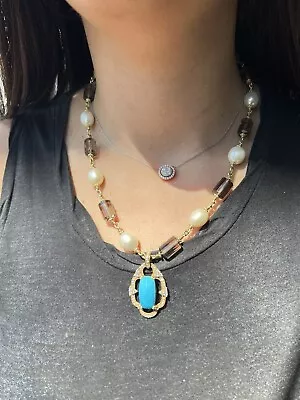 Judith Ripka 18k Yellow Gold Diamond Turquoise Pearl & Smokey Topaz Necklace • $4900