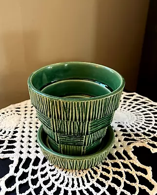 Vintage ~ 4  MCCOY Green Basket Weave Flower Pot Planter Attached Saucer • $19.95