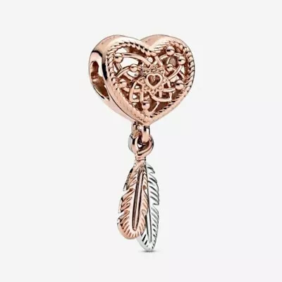 £19.99 • Buy Pandora Rose Openwork Heart And Two Feathers Charm 789068C00