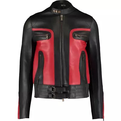 Black Leather Biker Jacket No21 Luxury Leather Jacket Red Size 48 - RP £2360.00 • £1079