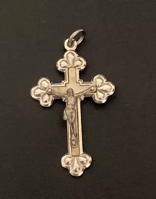 Vintage GERMANY Silver Tone  Mother Of Pearl Cross Crucifix Pendant 1.5  • $19.99