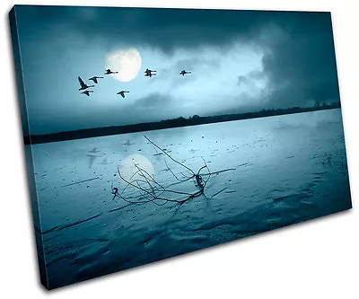 Moon Birds Sunset Seascape SINGLE CANVAS WALL ART Picture Print VA • £19.99