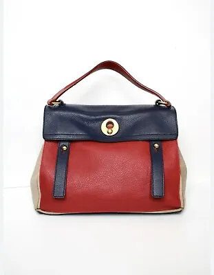 YVES SAINT LAURENT YSL Rive Gauche Muse 2 Leather Handbag Red Blue Beige Vintage • £350