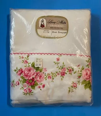 NEW NOS Vintage Springmaid Muslin Rose Bouquet Full Double Flat Sheet Pink Roses • $12.99