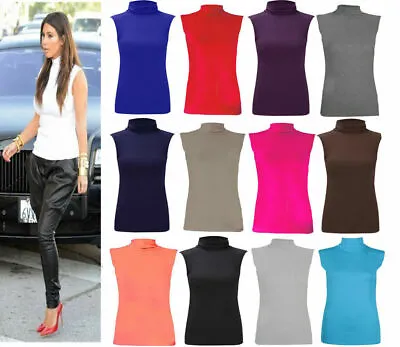 Ladies Sleeveless Turtle Polo Neck Top Womans Plain Roll Neck Top Jumper 8-26 • £6.49