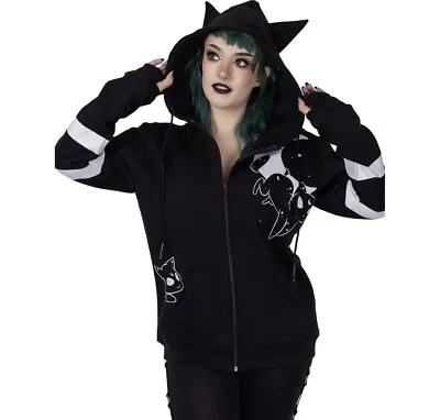 Heartless Moon Cats Hood Cat Hoodie Jumper Top Stars Ears Goth Emo Scene Y2K XXL • £54.99