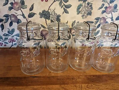 $60 • Buy 4- Vintage Ball Ideal Quart Clear Fruit Jars With Glass Lids Wire Clamp