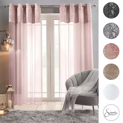 Sienna Crushed Velvet Voile PAIR Of Net Eyelet Ring Top Curtains Blush Silver • £11.99