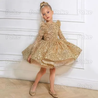 Fashion Sequins Flower Girls Wedding Long Sleeves Dresses Kid Pageant Bridesmaid • $79.60