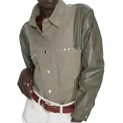 Zara Contrast Faux Leather Studded Snap Button Up Shirt - Shacket Oversized Sz S • $48