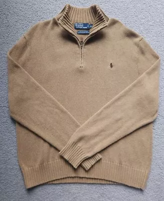 Polo Ralph Lauren Pima Quarter Zip Knit Jumper Sweater Vintage Tan Mens XL • $22.95