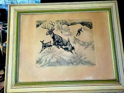 R.H. Palenske Plate Etching Mountain Skier And Deer   The Intruder  Mid Century  • $60
