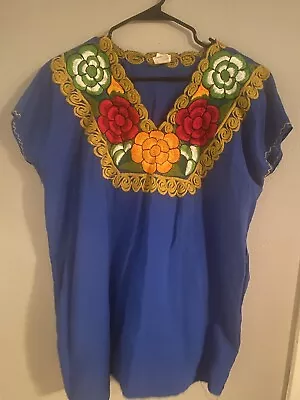 Mexican Blouse Shirt Top Embroidered Flowers Chiapas Medium Blue Plus Size 2X • $24.99