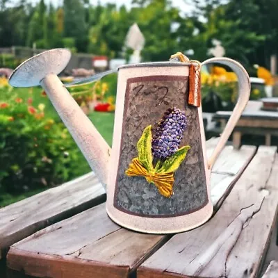 Vintage Garden Watering Can With Raised Iris Flowers Pattern Galvanized Metal • $26.99