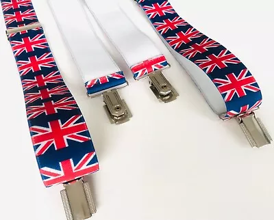 Men's Union Jack Print Retro Braces For Trousers X Back Suspenders Clip MOD OiOi • £6